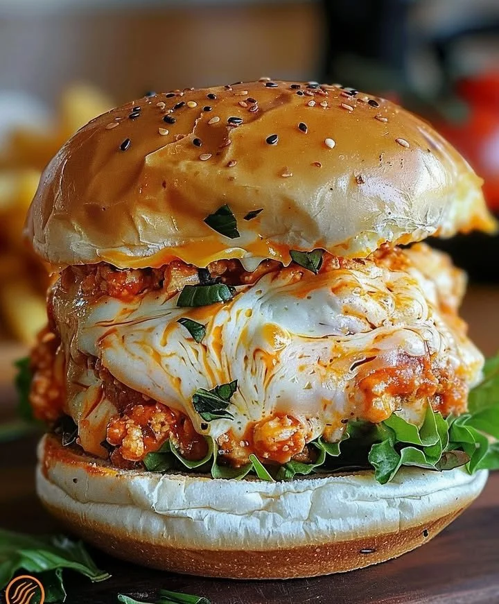 Delicious Buffalo Chicken Lasagna Burger topped with melted cheese and spicy sauce.