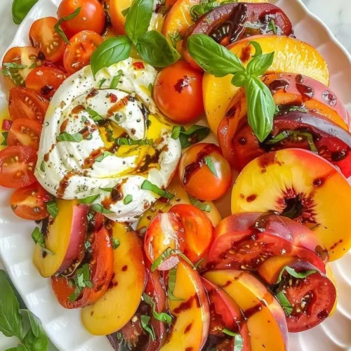 Burrata Tomato Peach Salad with fresh ingredients and vibrant colors