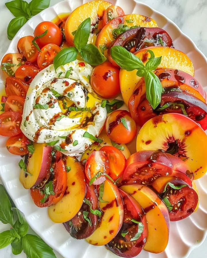 Burrata Tomato Peach Salad with fresh ingredients and vibrant colors