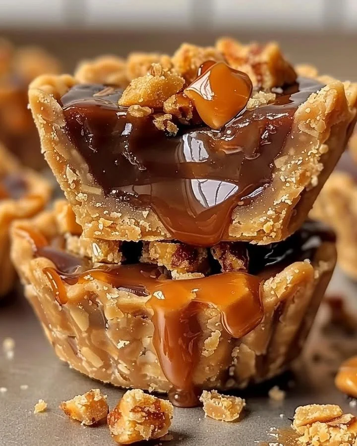 Delicious Butterfinger Caramel Crunch Mini Pies with rich caramel topping