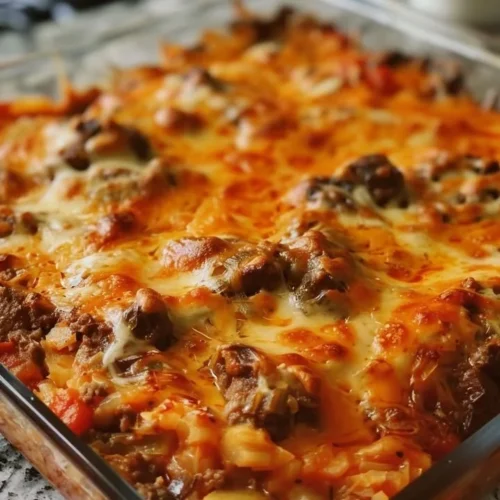 A delicious Cabbage Beef Bake served in a casserole dish with garnishes.