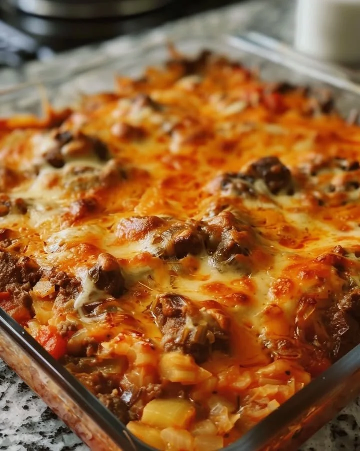 A delicious Cabbage Beef Bake served in a casserole dish with garnishes.