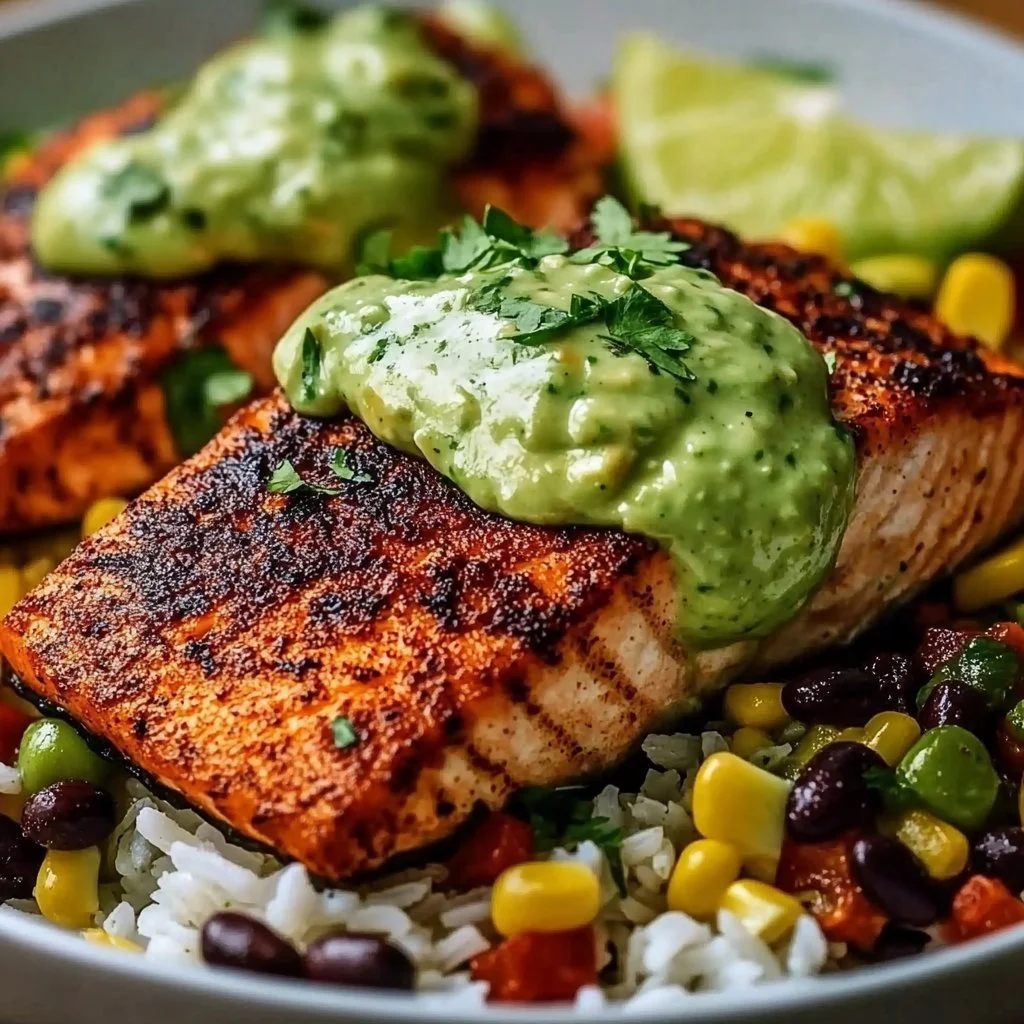 Cajun salmon topped with avocado lime cream on a plate