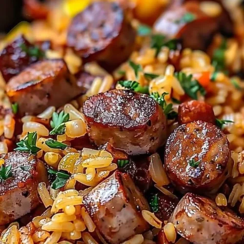 Cajun Sausage and Rice Skillet in a frying pan with vegetables