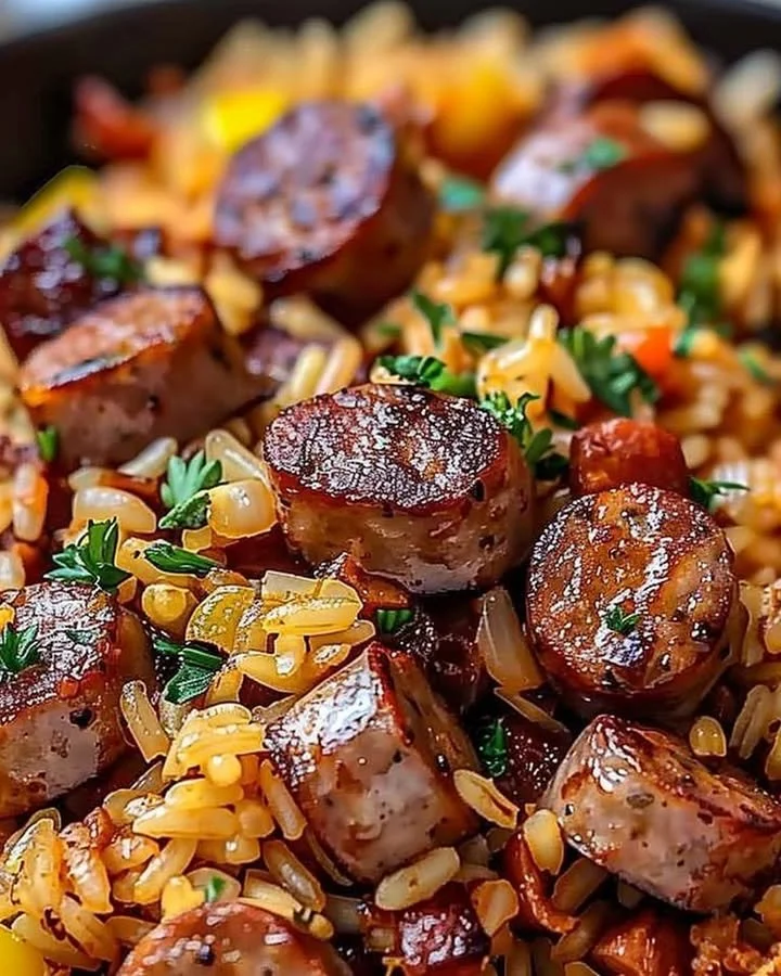 Cajun Sausage and Rice Skillet in a frying pan with vegetables