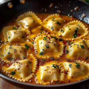 Plate of Cajun Sausage Ravioli Pasta topped with herbs and spices