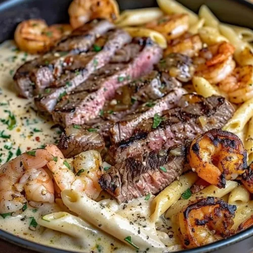 Cajun Shrimp Alfredo pasta with steak garnished on a plate