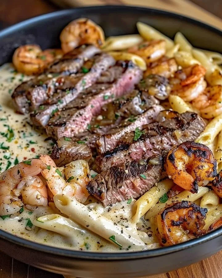 Cajun Shrimp Alfredo pasta with steak garnished on a plate