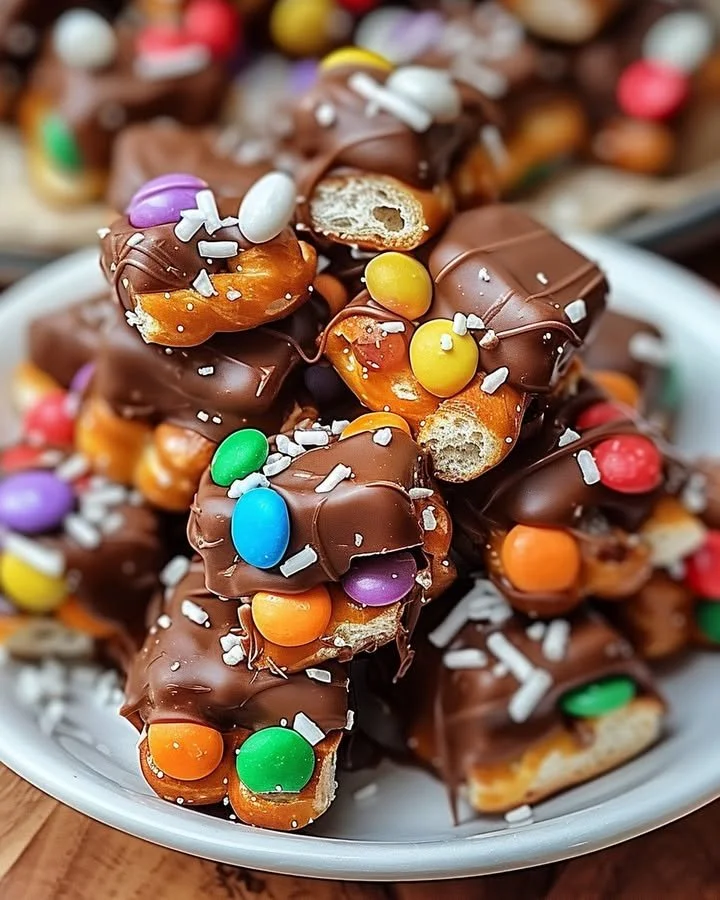 Delicious candy bar pretzel bites with chocolate and caramel toppings.