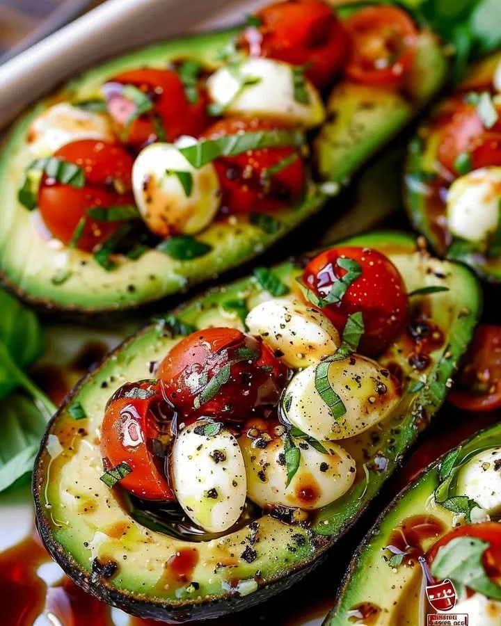 Caprese stuffed avocado with tomatoes and basil on a plate