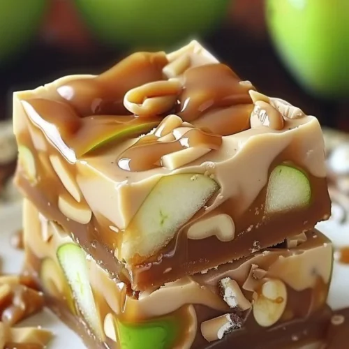 Delicious caramel apple fudge dessert with caramel drizzle and apple pieces.