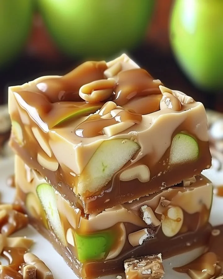 Delicious caramel apple fudge dessert with caramel drizzle and apple pieces.