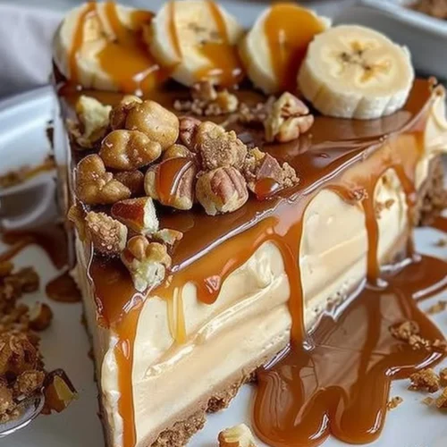 Delicious Caramel Banana Crunch Cheesecake topped with caramel and crunchy bananas