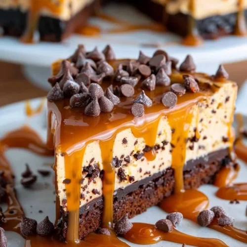Delicious Caramel Brownie Cheesecake topped with caramel drizzle and brownie pieces.