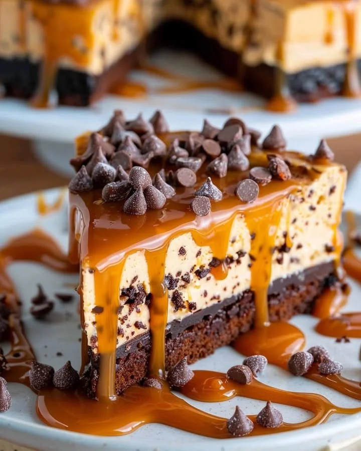 Delicious Caramel Brownie Cheesecake topped with caramel drizzle and brownie pieces.