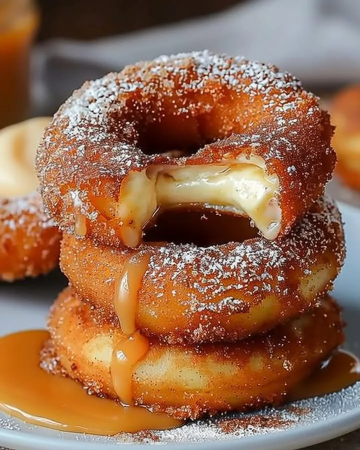 Caramel cheesecake-stuffed churro rings with a drizzle of caramel sauce