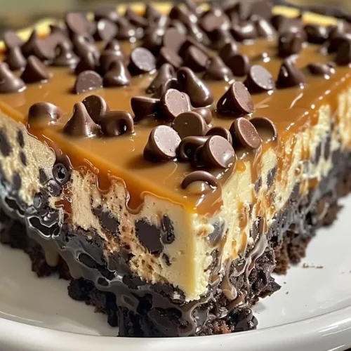 Slice of caramel chocolate chip cheesecake topped with chocolate chips and caramel drizzle