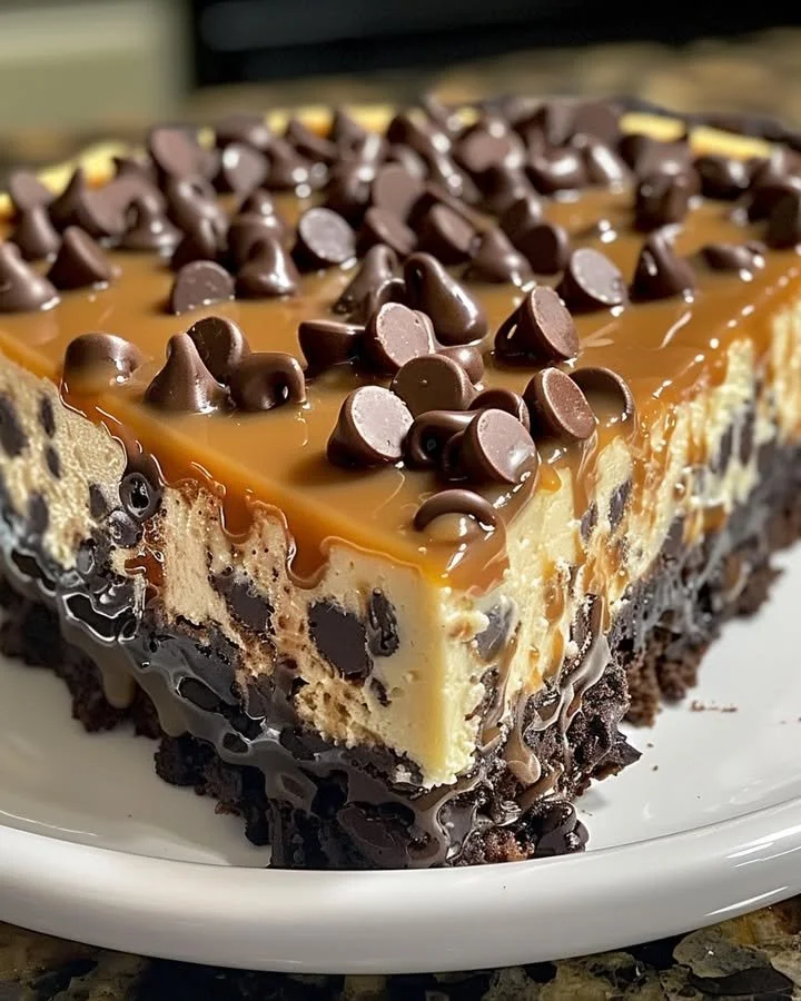 Slice of caramel chocolate chip cheesecake topped with chocolate chips and caramel drizzle