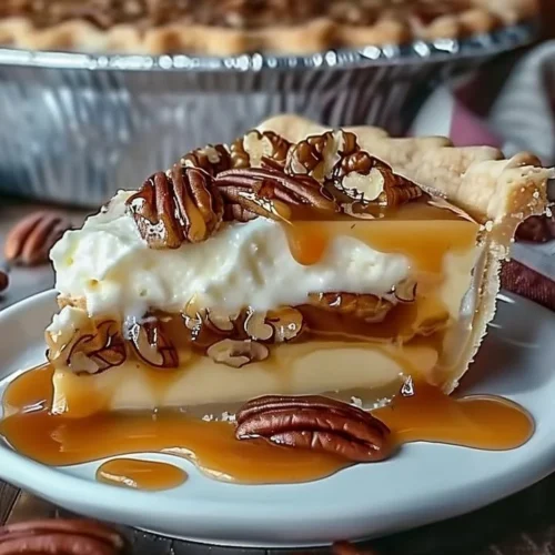 Delicious Caramel Pecan Delight Pie topped with caramel sauce and pecans