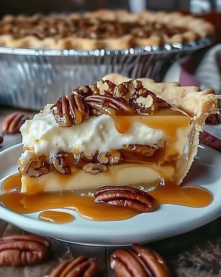 Delicious Caramel Pecan Delight Pie topped with caramel sauce and pecans