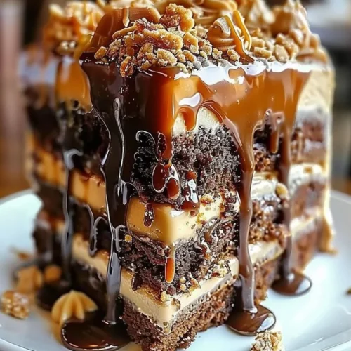 Slice of Caramel Toffee Crunch Cake topped with caramel and toffee bits