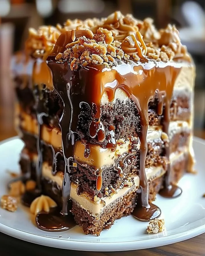 Slice of Caramel Toffee Crunch Cake topped with caramel and toffee bits