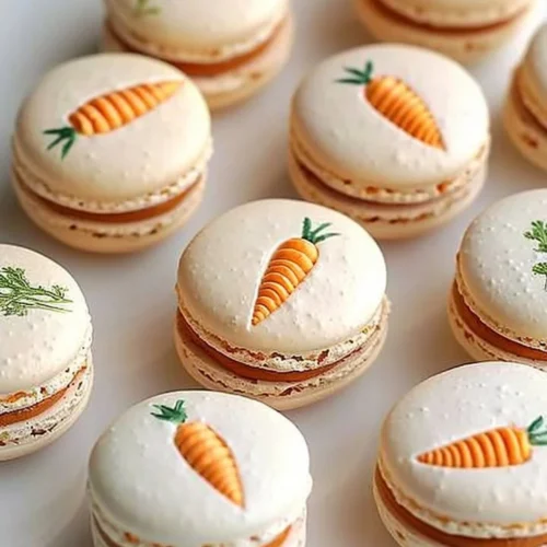 Carrot-inspired macarons artfully arranged on a white plate