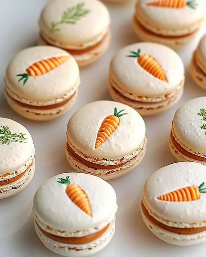 Carrot-inspired macarons artfully arranged on a white plate