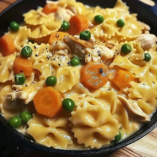 A creamy chicken pot pie pasta topped with herbs and served in a bowl