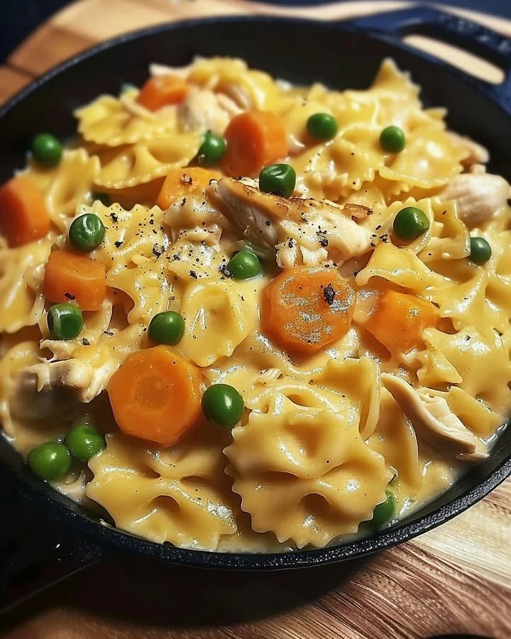 A creamy chicken pot pie pasta topped with herbs and served in a bowl