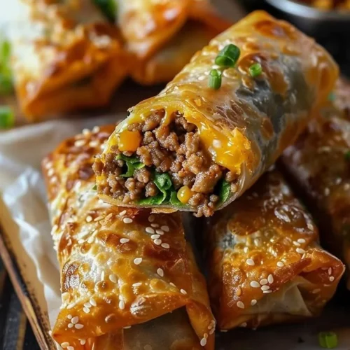 Plate of crispy cheeseburger egg rolls filled with beef, cheese, and pickles