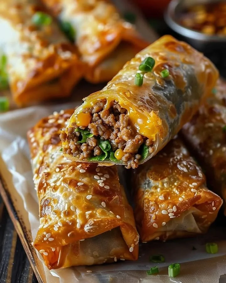 Plate of crispy cheeseburger egg rolls filled with beef, cheese, and pickles
