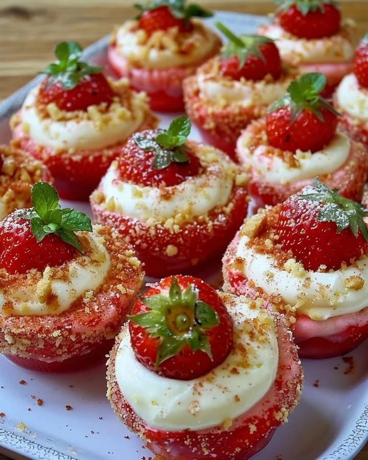 Cheesecake deviled strawberries filled with creamy cheesecake filling.
