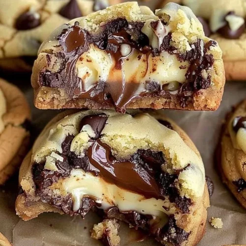 Cheesecake stuffed chocolate chip cookies stacked on a plate