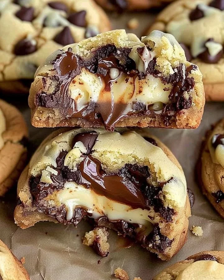 Cheesecake stuffed chocolate chip cookies stacked on a plate
