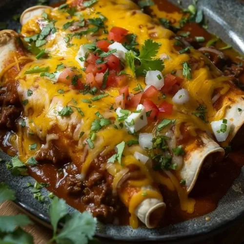 Delicious cheesy beef enchiladas topped with salsa and cheese