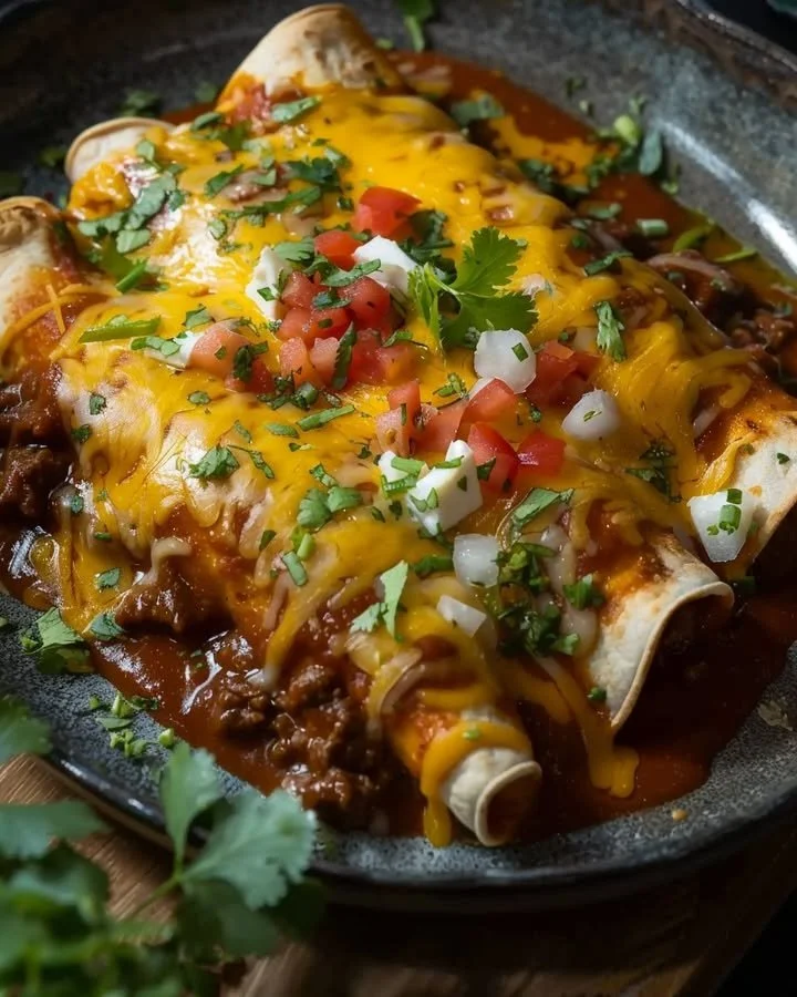 Delicious cheesy beef enchiladas topped with salsa and cheese