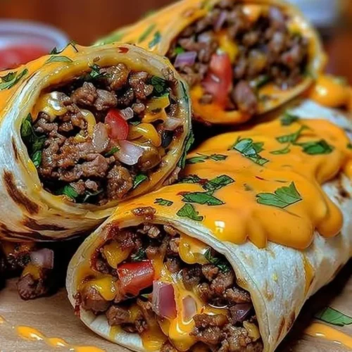 Delicious cheesy beef wraps ready to be served on a plate