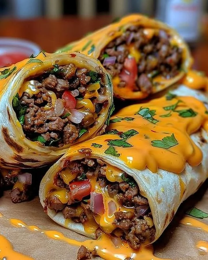 Delicious cheesy beef wraps ready to be served on a plate