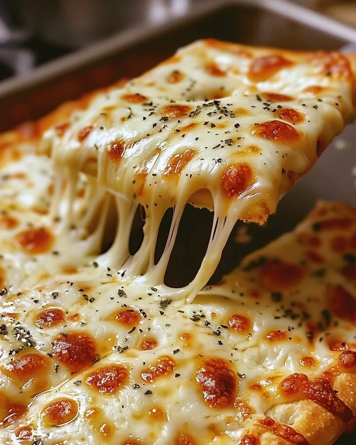 Plate of freshly baked cheesy breadsticks with golden melted cheese