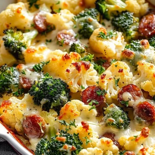 Cheesy Broccoli and Cauliflower Bake in a baking dish