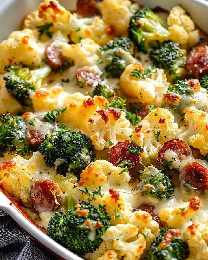 Cheesy Broccoli and Cauliflower Bake in a baking dish
