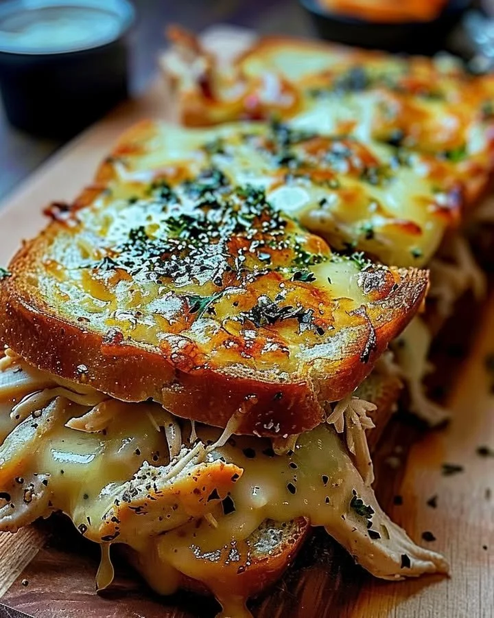 Delicious cheesy chicken sandwich on garlic bread with melted cheese
