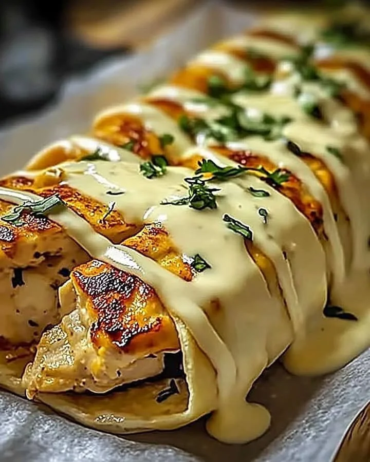 Cheesy garlic chicken wraps with melted cheese and herbs on a plate