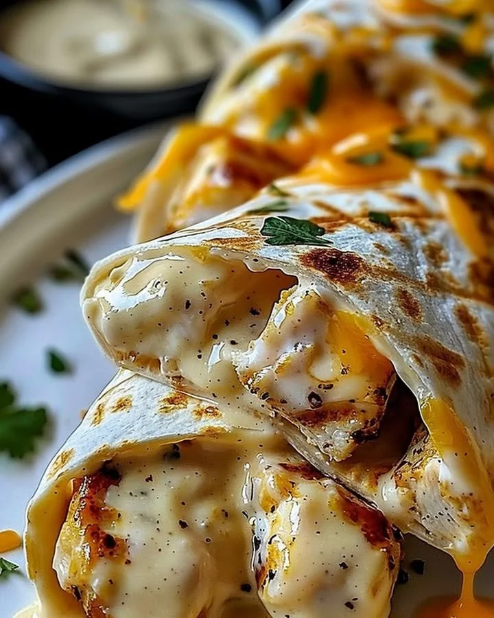 Delicious cheesy garlic chicken wraps served with fresh ingredients