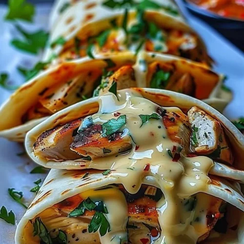 Cheesy garlic chicken wraps with fresh ingredients in a tortilla.