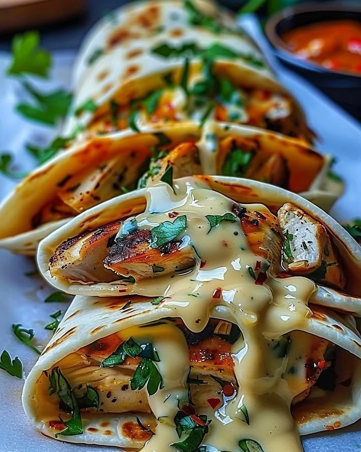Cheesy garlic chicken wraps with fresh ingredients in a tortilla.