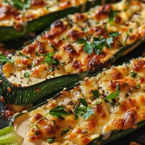 Delicious cheesy garlic zucchini steaks served on a plate.