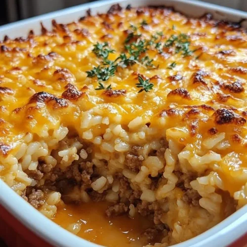 Cheesy Ground Beef Rice Casserole topped with melted cheese and herbs