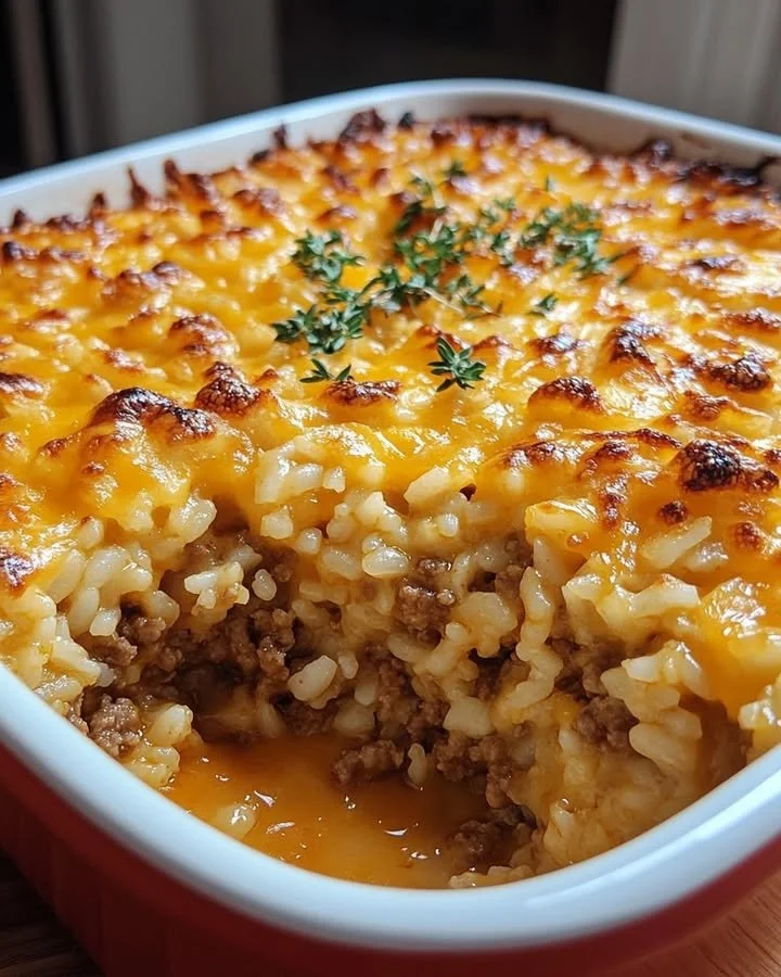 Cheesy Ground Beef Rice Casserole topped with melted cheese and herbs